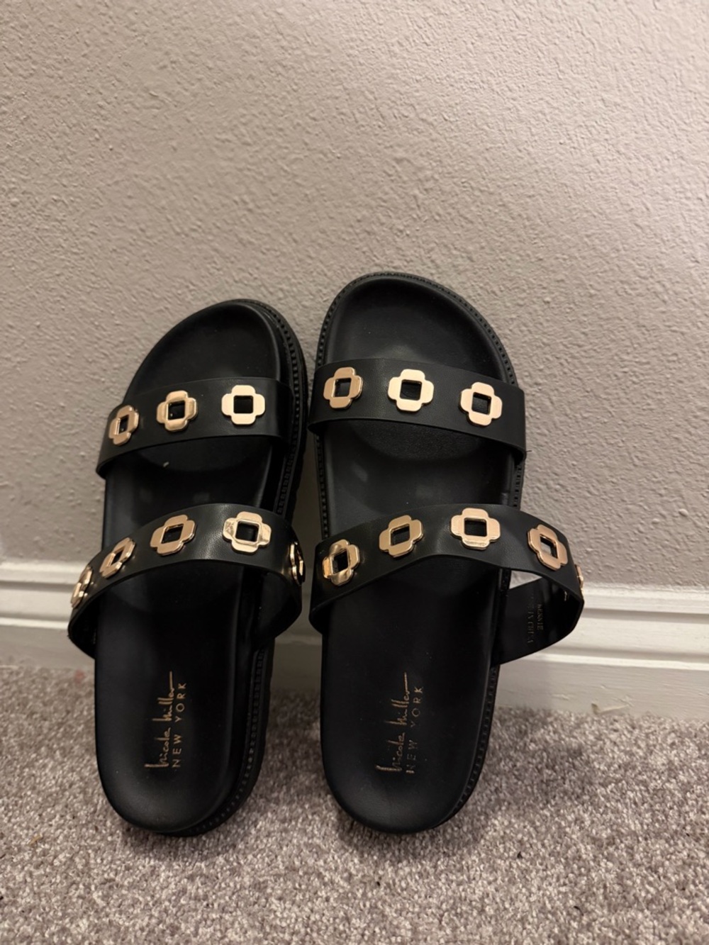 Nicole Miller Black Slide Sandals with Gold Floral Square Accents